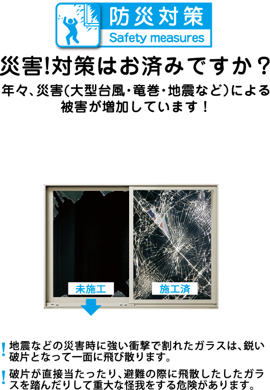 約7割※1の泥棒が侵入に5分以上かかると、侵入をあきらめると言われています。防犯フィルム※2を貼ることで、侵入にかかる時間を長引かせることができ、窃盗被害を抑制する効果が期待されます。様々な安全対策に、是非ご使用をおすすめいたします。